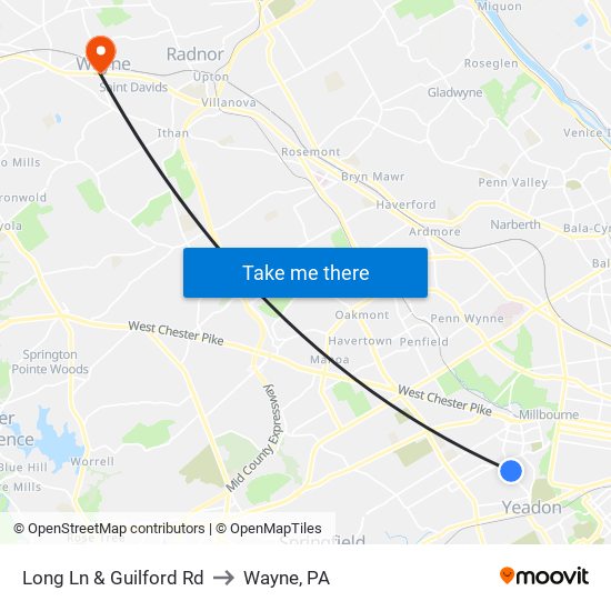 Long Ln & Guilford Rd to Wayne, PA map