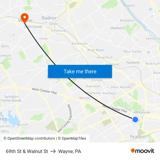 69th St & Walnut St to Wayne, PA map