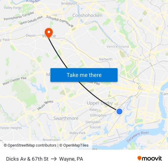 Dicks Av & 67th St to Wayne, PA map