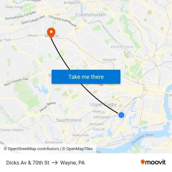 Dicks Av & 70th St to Wayne, PA map