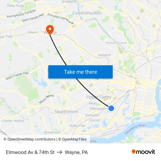 Elmwood Av & 74th St to Wayne, PA map
