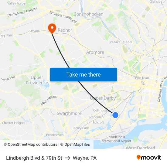 Lindbergh Blvd & 79th St to Wayne, PA map