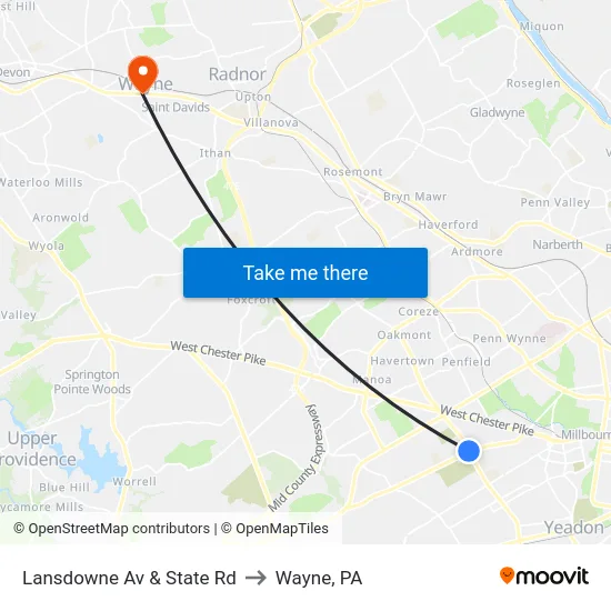 Lansdowne Av & State Rd to Wayne, PA map