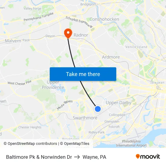 Baltimore Pk & Norwinden Dr to Wayne, PA map