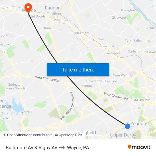 Baltimore Av & Rigby Av to Wayne, PA map