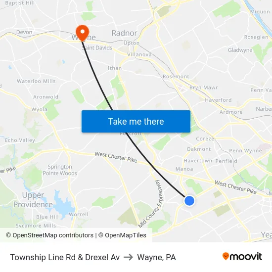 Township Line Rd & Drexel Av to Wayne, PA map