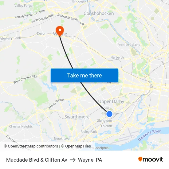 Macdade Blvd & Clifton Av to Wayne, PA map