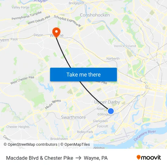 Macdade Blvd & Chester Pike to Wayne, PA map