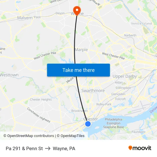Pa 291 & Penn St to Wayne, PA map