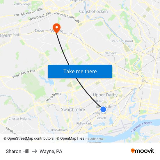 Sharon Hill to Wayne, PA map