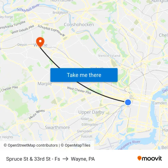 Spruce St & 33rd St - Fs to Wayne, PA map