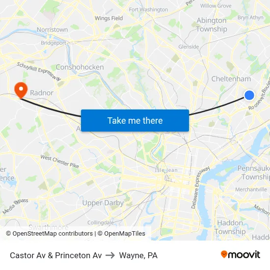 Castor Av & Princeton Av to Wayne, PA map