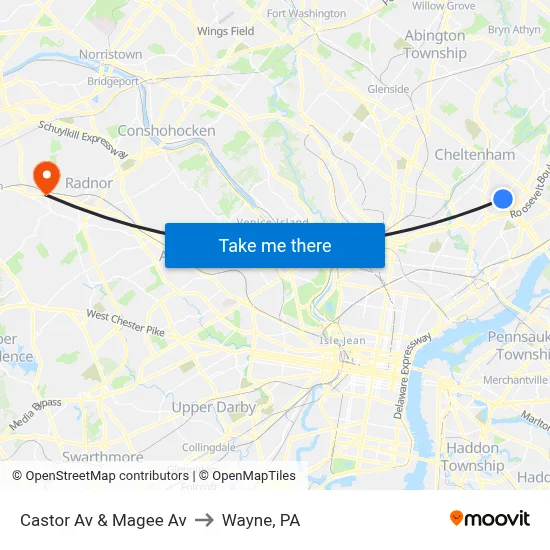 Castor Av & Magee Av to Wayne, PA map