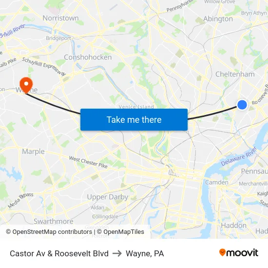 Castor Av & Roosevelt Blvd to Wayne, PA map