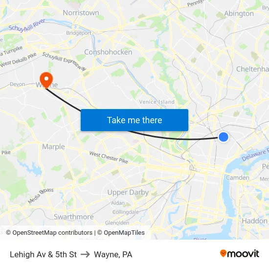 Lehigh Av & 5th St to Wayne, PA map