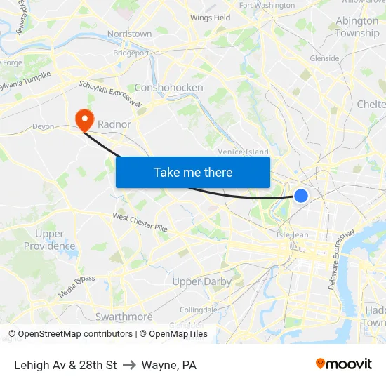 Lehigh Av & 28th St to Wayne, PA map