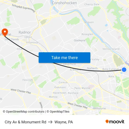 City Av & Monument Rd to Wayne, PA map