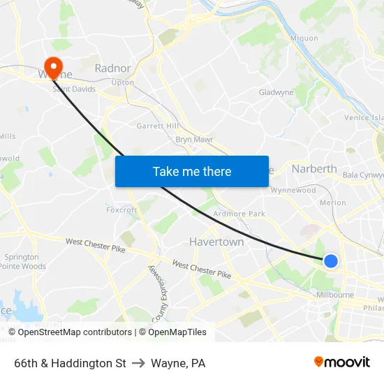 66th & Haddington St to Wayne, PA map
