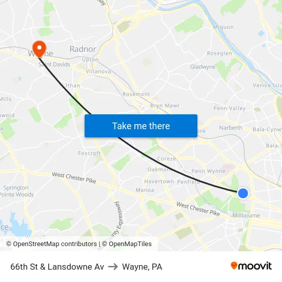 66th St & Lansdowne Av to Wayne, PA map