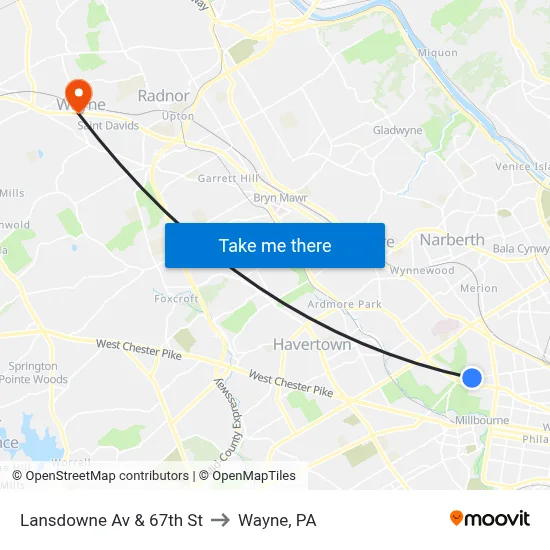 Lansdowne Av & 67th St to Wayne, PA map