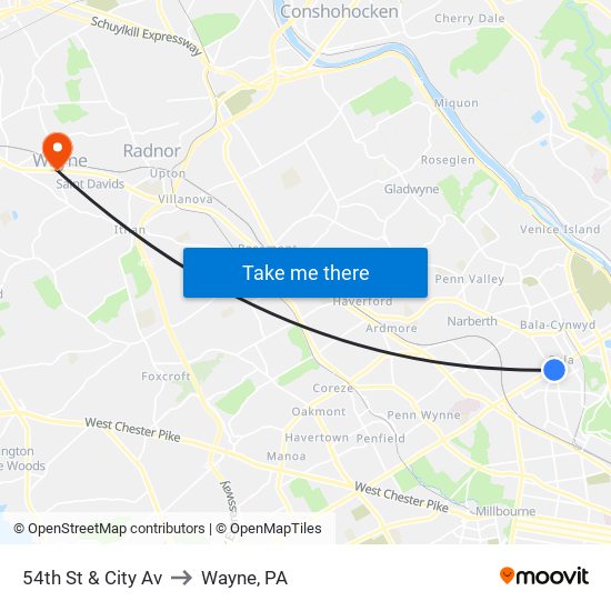 54th St & City Av to Wayne, PA map