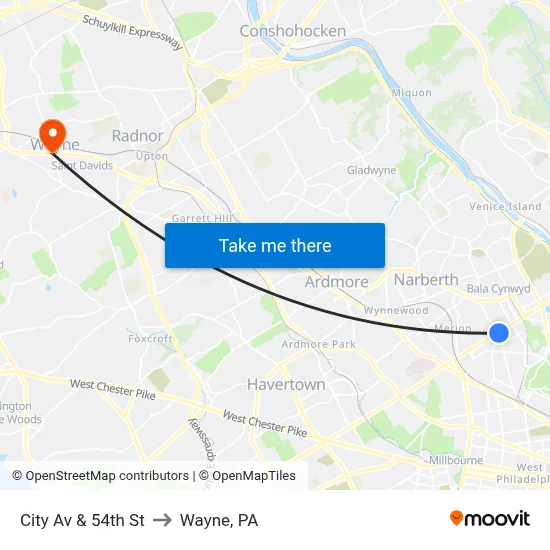 City Av & 54th St to Wayne, PA map