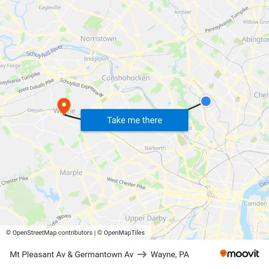 Mt Pleasant Av & Germantown Av to Wayne, PA map