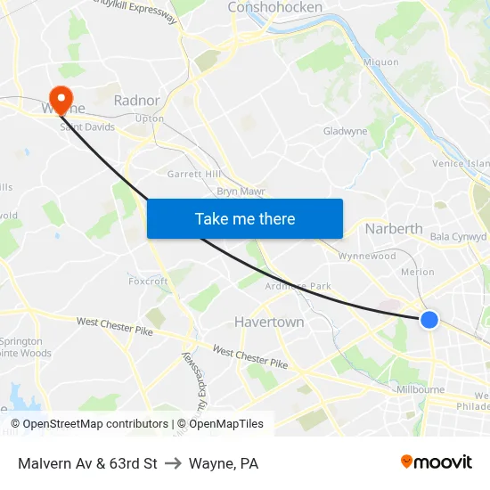 Malvern Av & 63rd St to Wayne, PA map