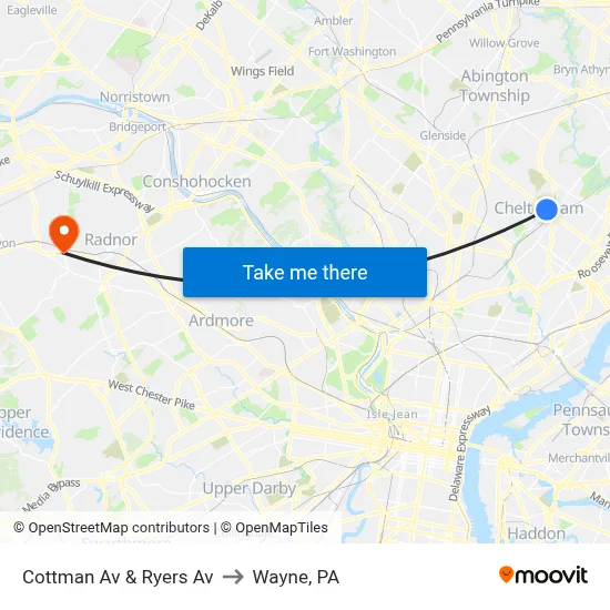 Cottman Av & Ryers Av to Wayne, PA map