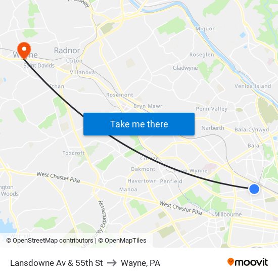 Lansdowne Av & 55th St to Wayne, PA map