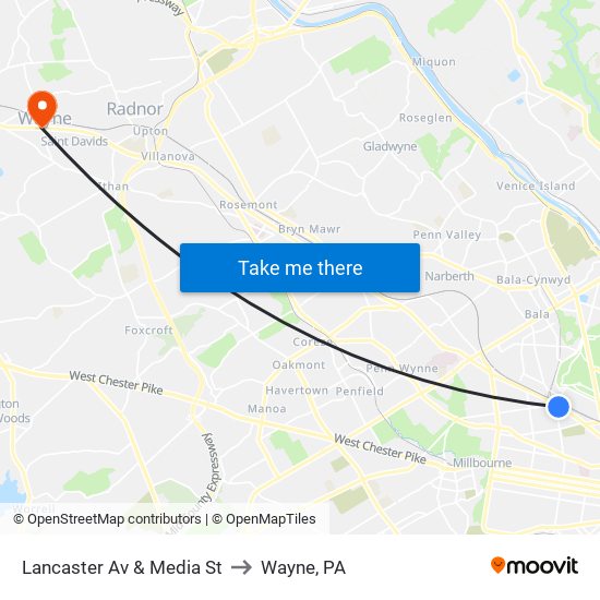 Lancaster Av & Media St to Wayne, PA map