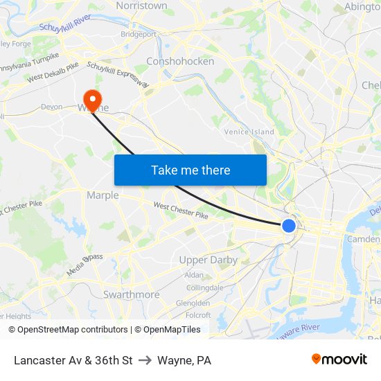 Lancaster Av & 36th St to Wayne, PA map