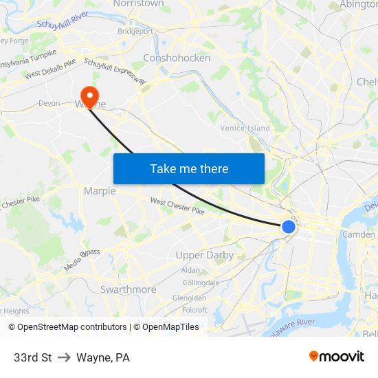 33rd St to Wayne, PA map