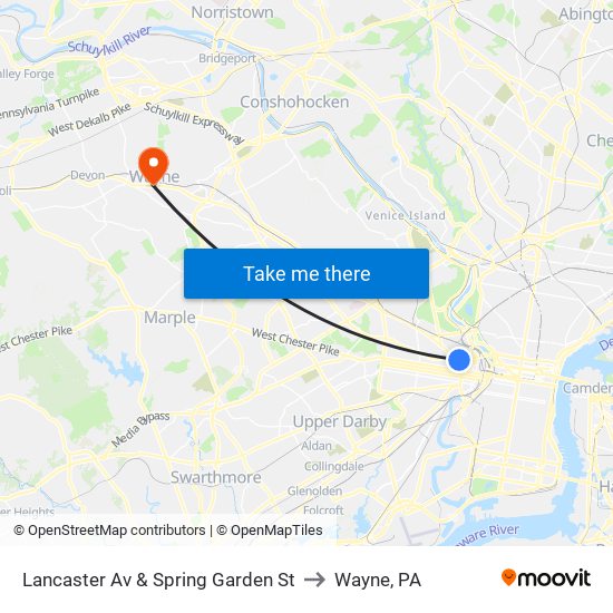 Lancaster Av & Spring Garden St to Wayne, PA map