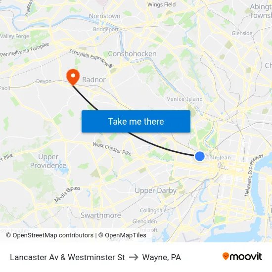 Lancaster Av & Westminster St to Wayne, PA map