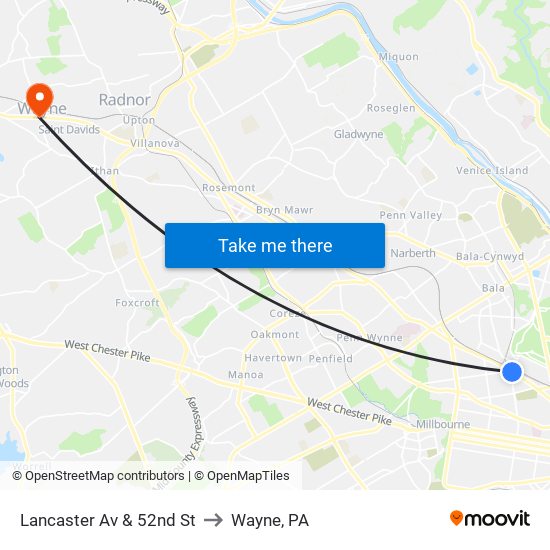 Lancaster Av & 52nd St to Wayne, PA map