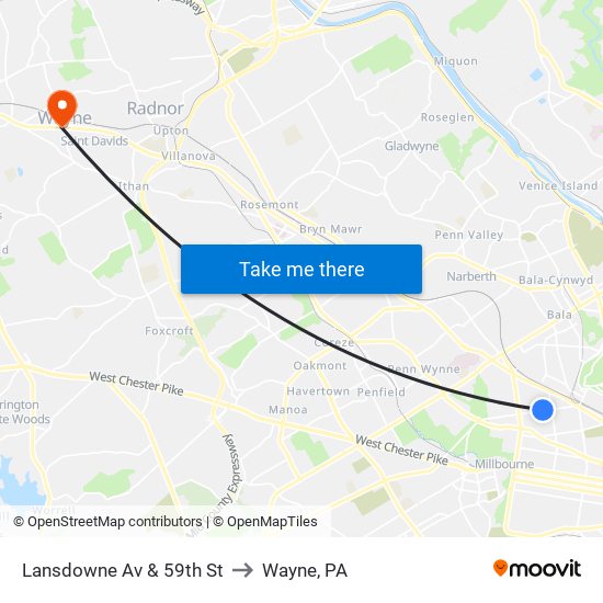 Lansdowne Av & 59th St to Wayne, PA map