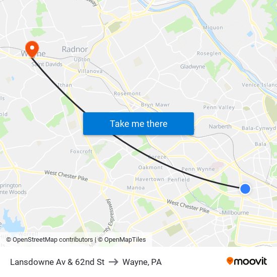 Lansdowne Av & 62nd St to Wayne, PA map