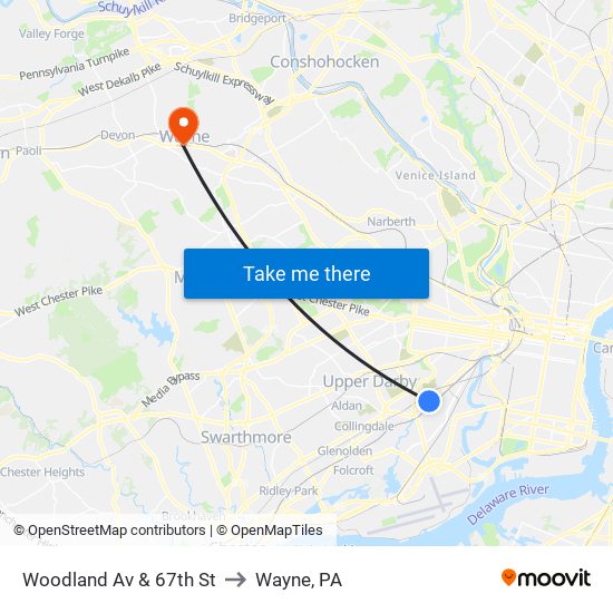 Woodland Av & 67th St to Wayne, PA map