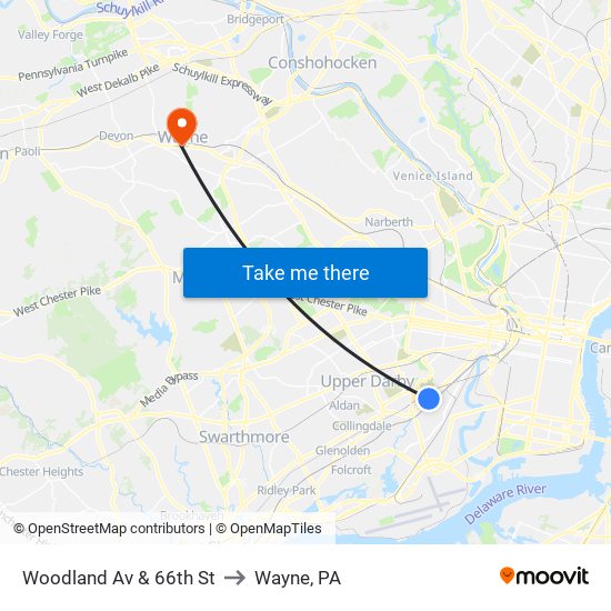 Woodland Av & 66th St to Wayne, PA map