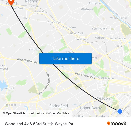Woodland Av & 63rd St to Wayne, PA map