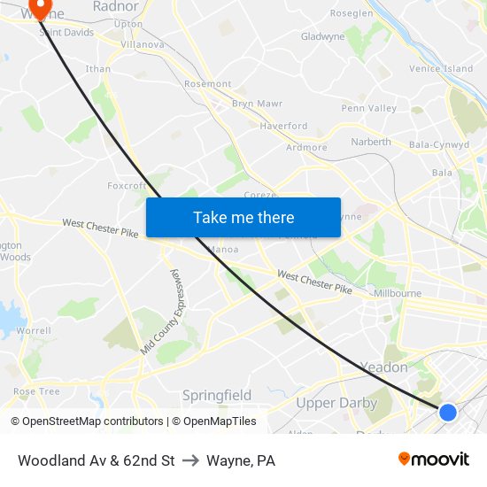 Woodland Av & 62nd St to Wayne, PA map