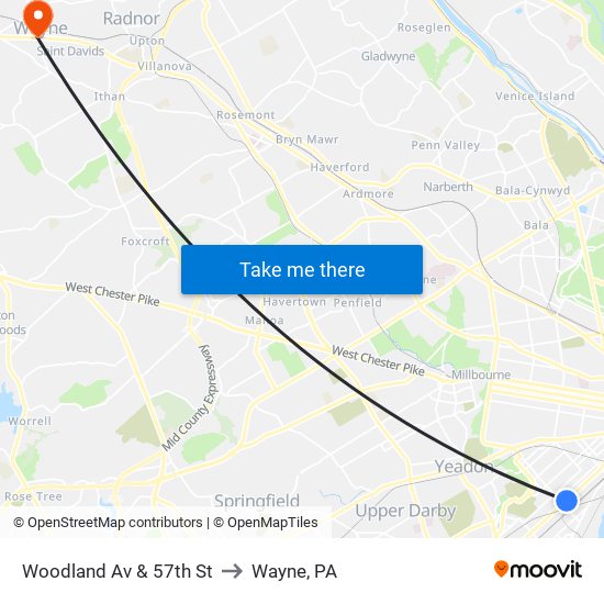 Woodland Av & 57th St to Wayne, PA map