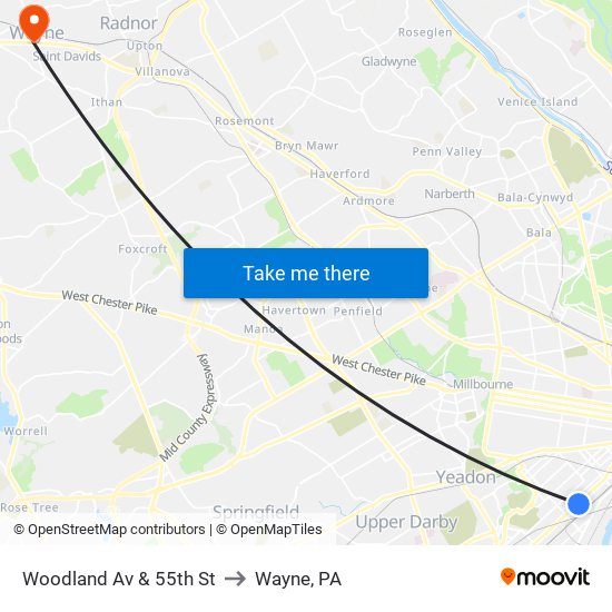 Woodland Av & 55th St to Wayne, PA map