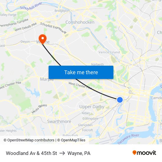 Woodland Av & 45th St to Wayne, PA map