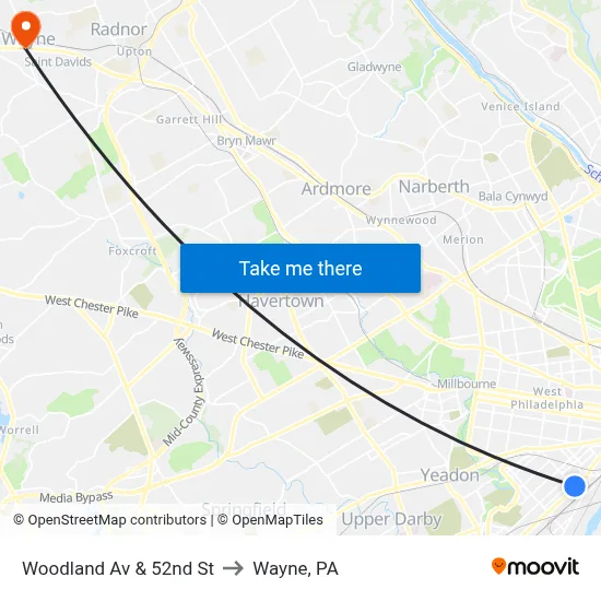 Woodland Av & 52nd St to Wayne, PA map