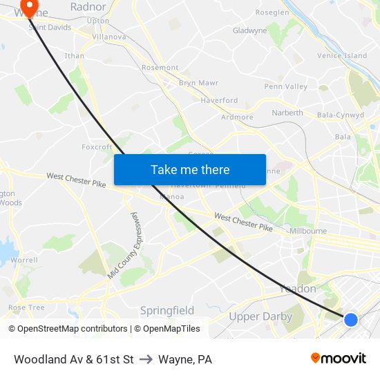 Woodland Av & 61st St to Wayne, PA map