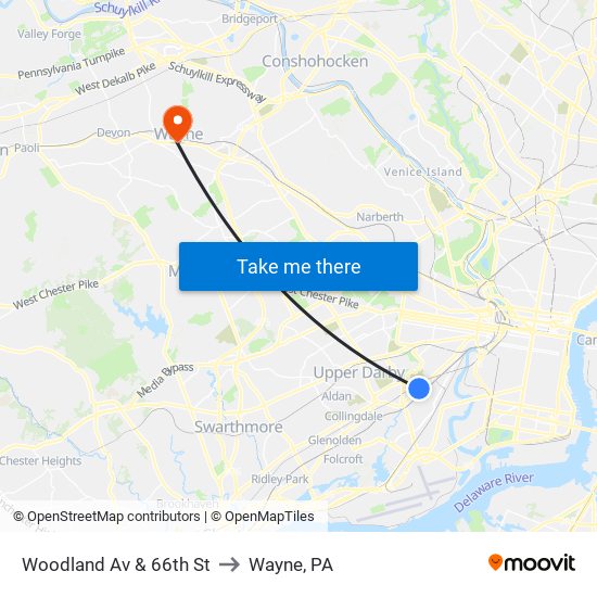 Woodland Av & 66th St to Wayne, PA map