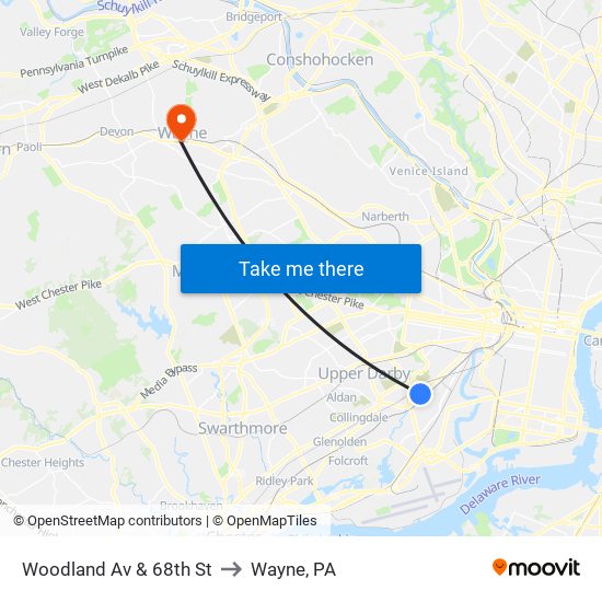 Woodland Av & 68th St to Wayne, PA map