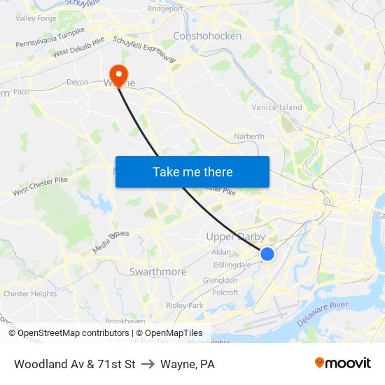 Woodland Av & 71st St to Wayne, PA map